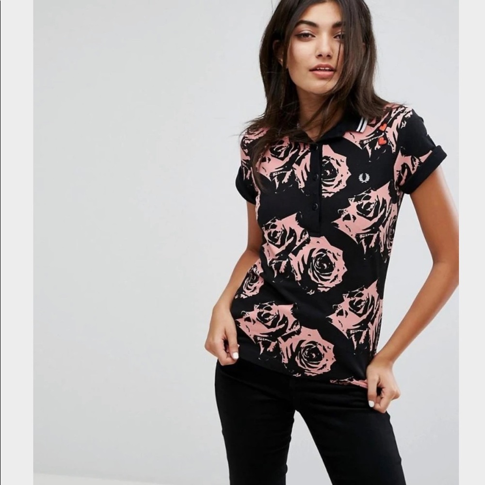 Fred Perry x Amy Winehouse black / pink rose print polo UK 10 / US 6 *RARE*